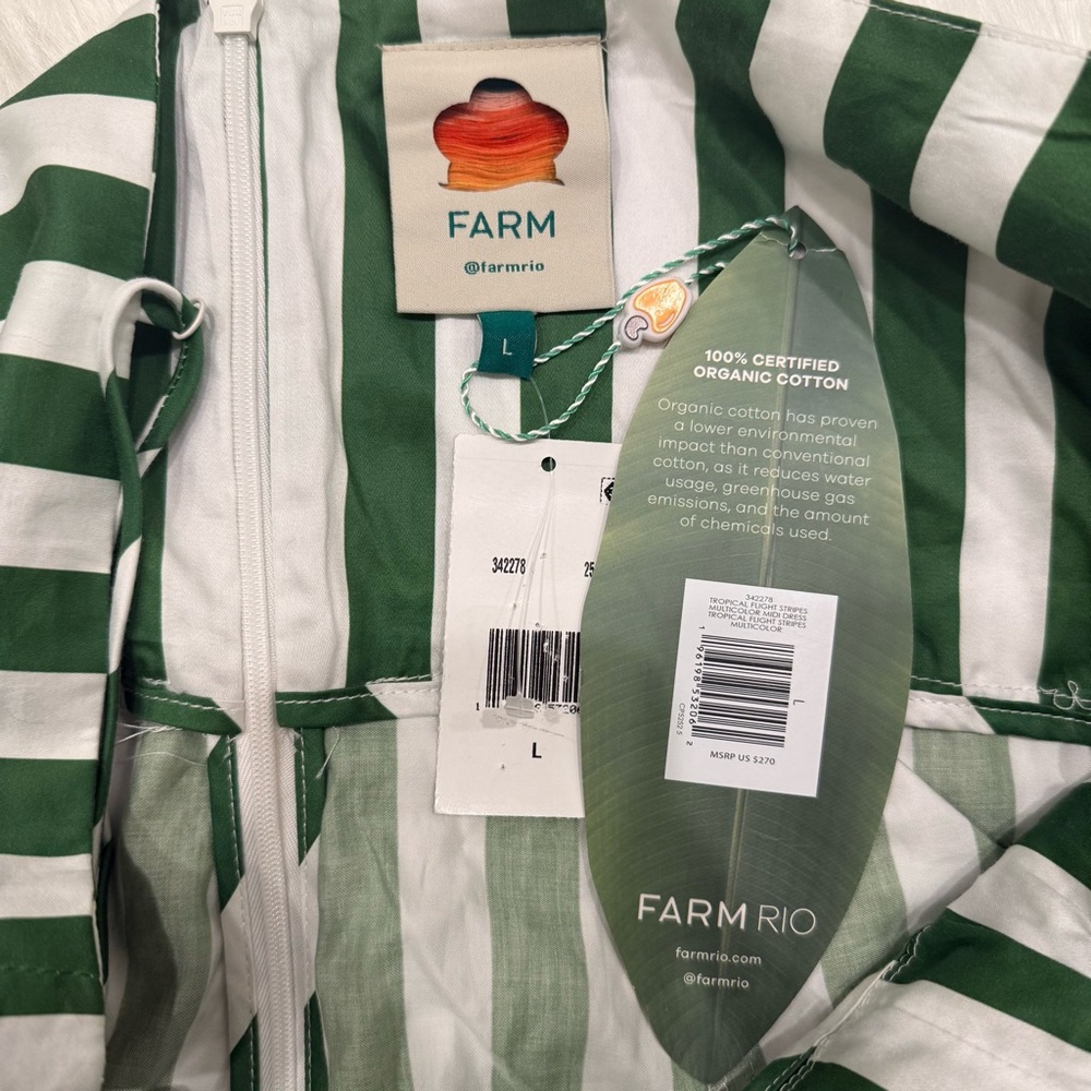 FARM Rio Tropical Flight Stripes Midi Dress, Green/White, NWT 🇧🇷 - Picture 16 of 16
